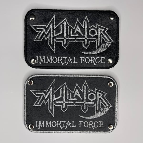 Image of Mutilator - Immortal Force Embroidery On Faux Leather Patch With 4 Studs Attached