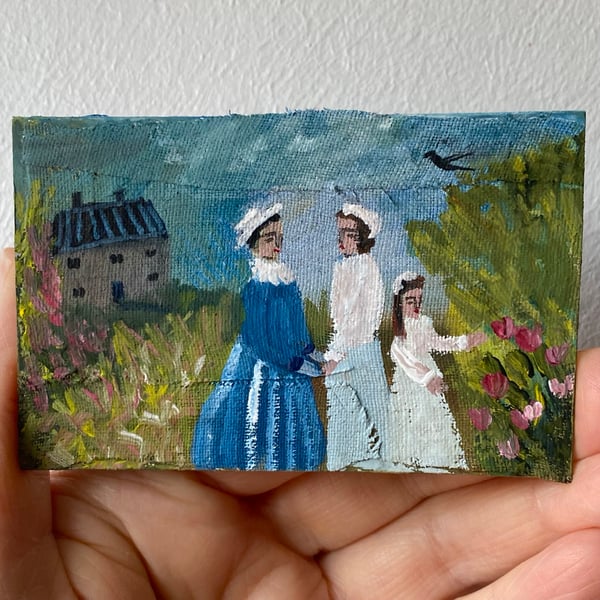 Image of summer landscape with figures in blues 