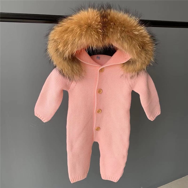 Baby knitted snowsuit discount with fur hood