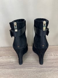 Image 4 of House Of Harlow black suede gold buckle wedge booties
