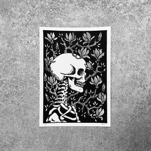 Skeleton And Magnolias Linocut Print