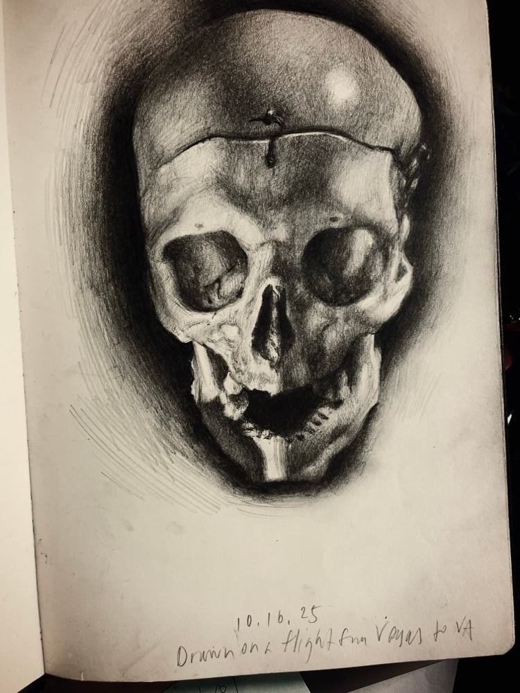 Image of Sketchbook Drawing of a Skull - Drawn at 35,000 Feet, High in the Midnight Sky