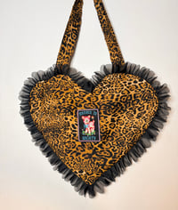 Image 2 of Heart-Shaped Leopard Print Bag – “Menace to Society” Patch with Black Ruffle Edge