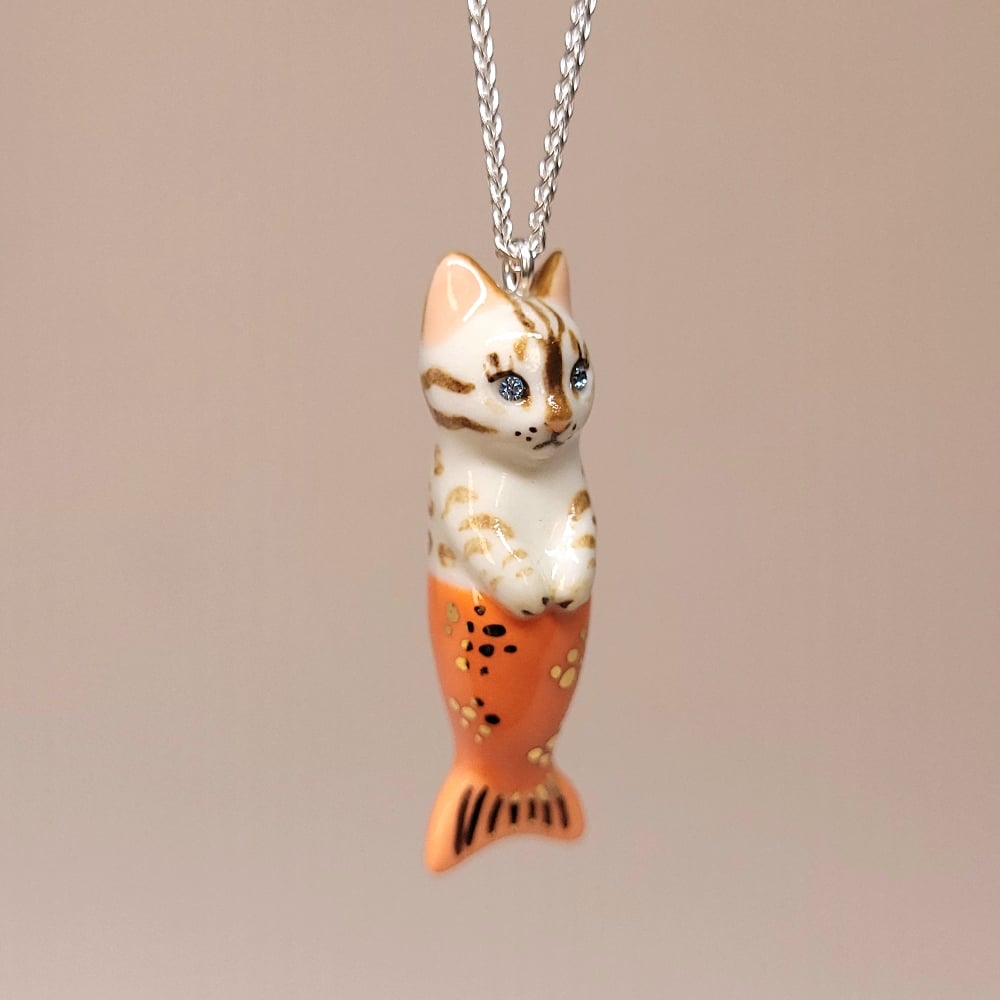 Image of Snow Bengal Purrmaid Porcelain & Sterling Silver Pendant