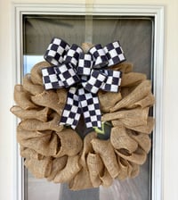 Image 1 of Burlap Farmhouse Door Decor Wreath with Black & White Checker Bow