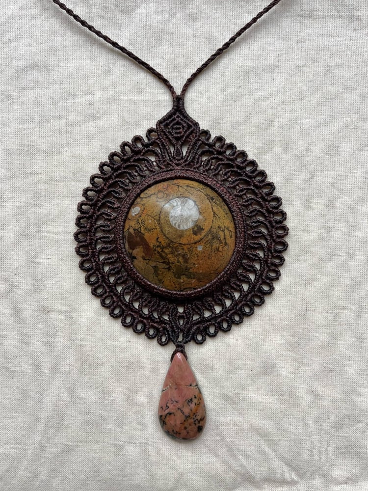 Image of Macrame necklace with ammonite fossil and rhodonite 