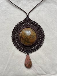 Image 1 of Macrame necklace with ammonite fossil and rhodonite 