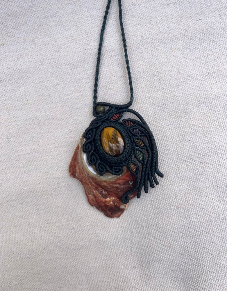 Image of Macrame necklace with shell and Tiger’s eye