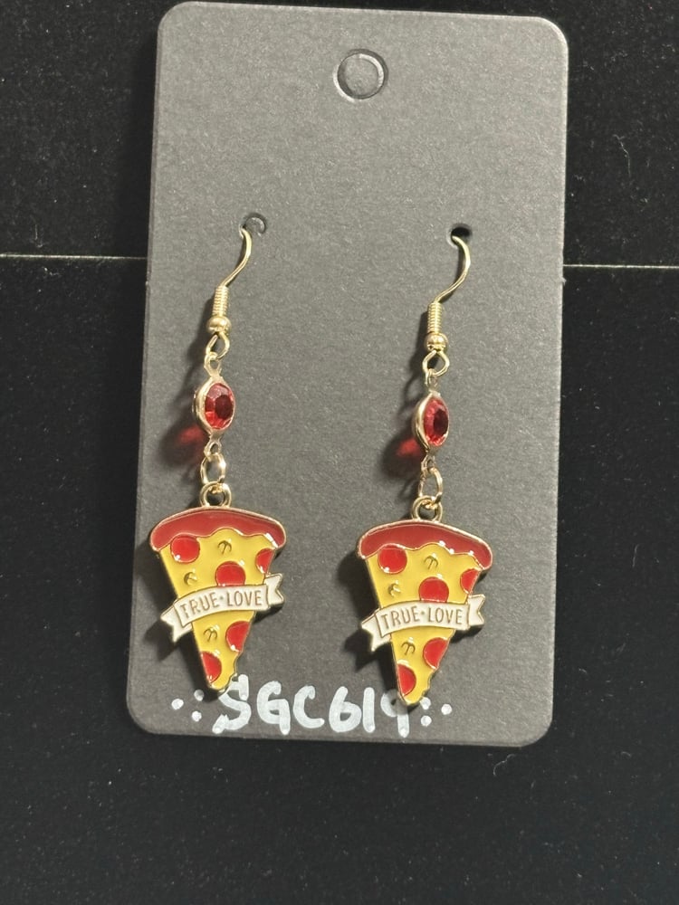 Image of Pizza Slice handmade dangle Earrings with Red Accents