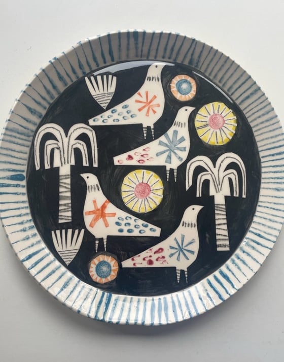 Image of Palm trees and birds handbuilt and hand decorated earthenware plate 