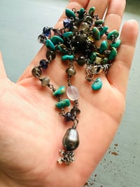 Image 7 of iolite turquoise petal and grey moonstone necklace with pearl opal fringe pendant