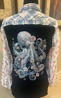 Image 1 of Vintage Funky Blue/White/Pink Flannel Shirt Rose Print Sleeves and Octopus
