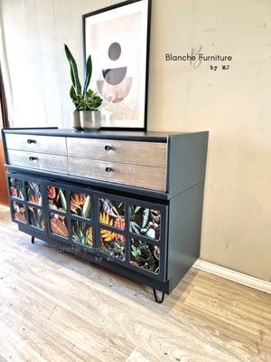Image of Stunning Nathan Sideboard in Deep grey with Decoupaged Squares, Silver Drawers 