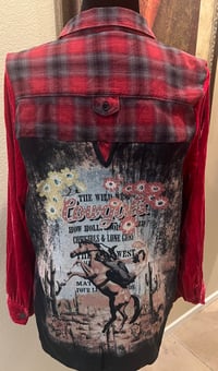 Image 1 of Vintage Funky Red/Black/Gray Flannel Shirt Velvet Sleeves Wild West Cowgirl