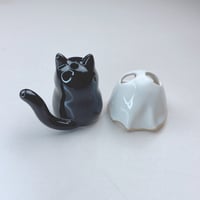 Image 5 of Black kitten with ghost mask ceramic figurine (tiny Hole For Flowers)