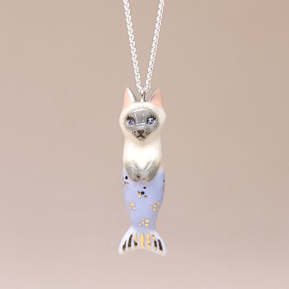 Image of Siamese Purrmaid Porcelain & Sterling Silver Pendant