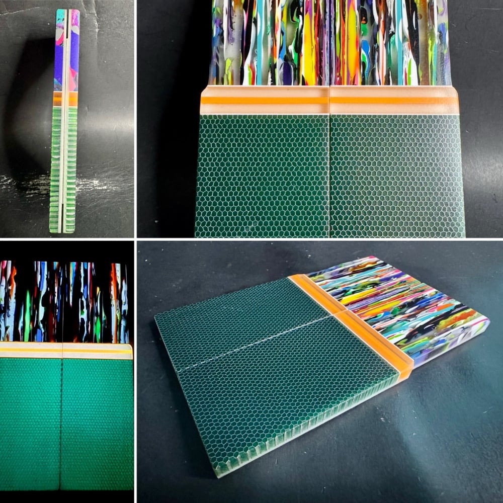 Image of @Kaoticartworks Overpour Resin & C-tech Resin GLOW Segmented Knife Scales 