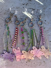 Image 2 of glass bead keyrings with butterfly or mushroom trinket  