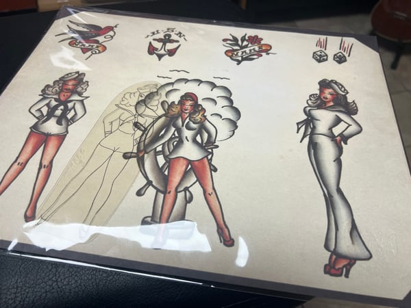 Image of Original 1950’s “Painless Nell” Bowen “Sailor Pinup” Acetate Stencil with 11x14 print.