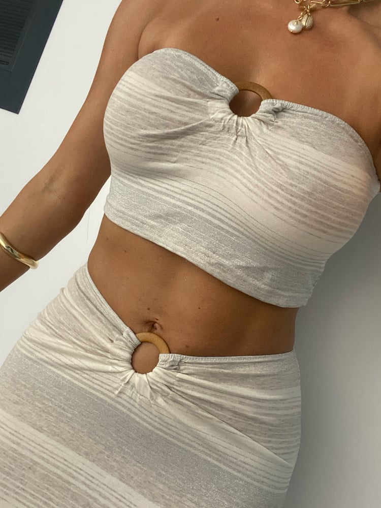 Image of Ring Boob Tube & Maxi Skirt Co-Ord In Neutral Lurex Stripes 