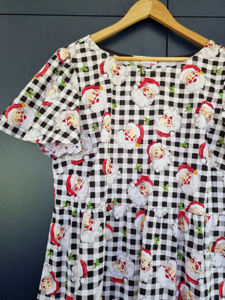 Image of ZADIE GINGHAM SANTA FRILL & FLUTTER SLEEVE. AVAILABLE IN EXTRA SMALL & EXTRA LARGE