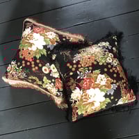 Image 3 of Japanese floral chrysanthemum print cushion cover with gold pink or black fringe