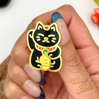 Image 2 of Black Lucky Cat Enamel Pin – Maneki Neko with Gold Accents