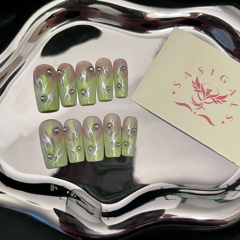 Image of Glitter Green Punk Style Press On Nails 