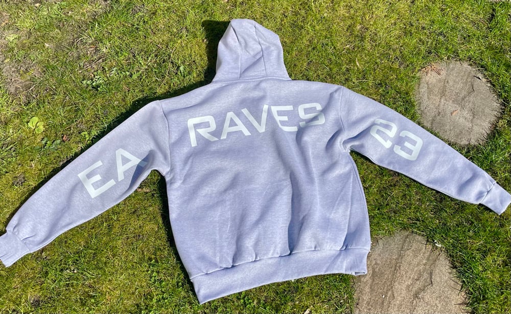 Image of GREY ZIP UP EA RAVES BACK TEXT HOODIE