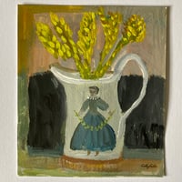 Still life with figure jug - yellow stems 