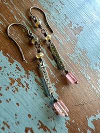 Image 9 of Balance charm earrings with opals and pink tourmaline