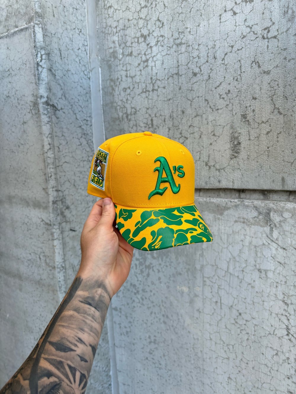 Image of YELLOW GREEB LOGO OAKLAND ATHLETICS CUSTOM FITTED CAP