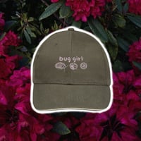 bug girl embroidered cap baby pink on green 