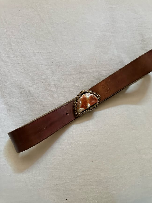 early 1970s leather and abalone buckle French belt
