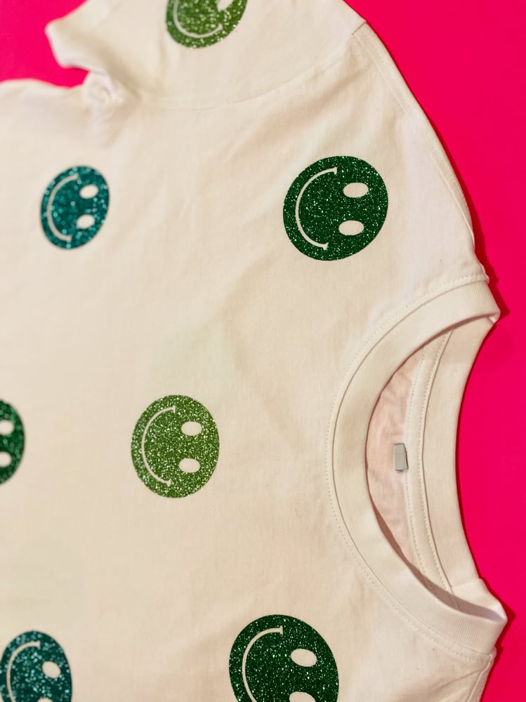 Image of Happy face green glittered  tee