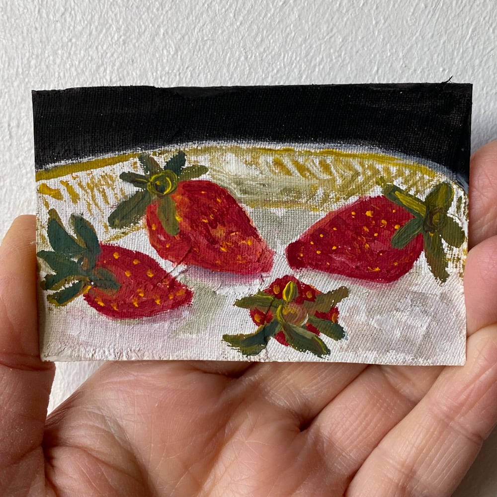 Image of strawberries on a plate - tiny painting