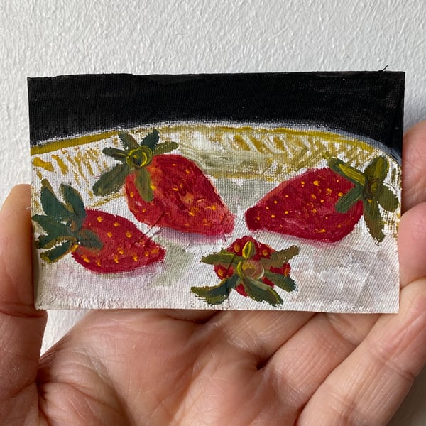 Image of strawberries on a plate - tiny painting 