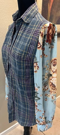 Image 2 of Vintage Funky Sleeve Teal/Plum/Yellow Flannel Shirt Floral Sleeves Time Clock Woman