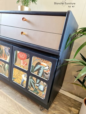 Image of Stunning Nathan Sideboard in Navy Blue with Decoupaged Squares, Silver Drawers