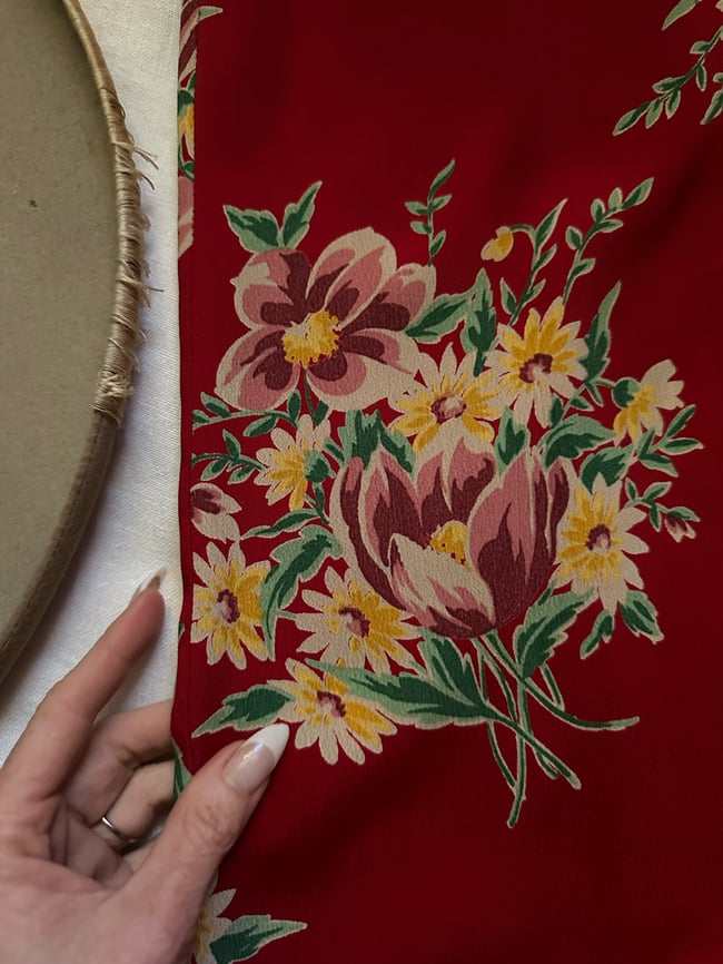 90s grunge era Betsey Johnson red floral rayon crepe maxi skirt 