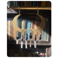 Image 3 of Brass Moon Chandelier Earrings - Black Leather 