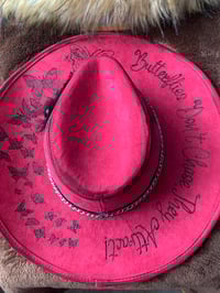 Image 1 of "Butterflies Don't Chase. They Attract" Hand-Burned Wide Brim Hat