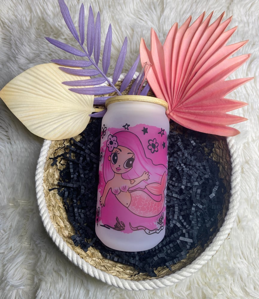 Image of MSB PINK HAIR MERMAID 18oz SUBLIMATED GLASS CAN WITH STRAW AND LID
