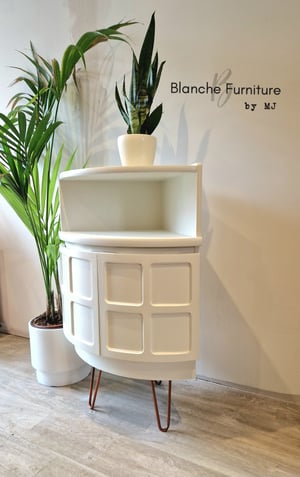 Image of Nathan Corner Drinks Cabinet in white on Copper hairpin legs - Available Now