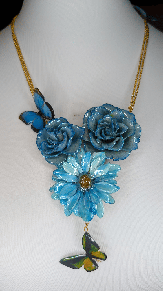 Image of OOAK Blue Rose & Art Butterfly Necklace 