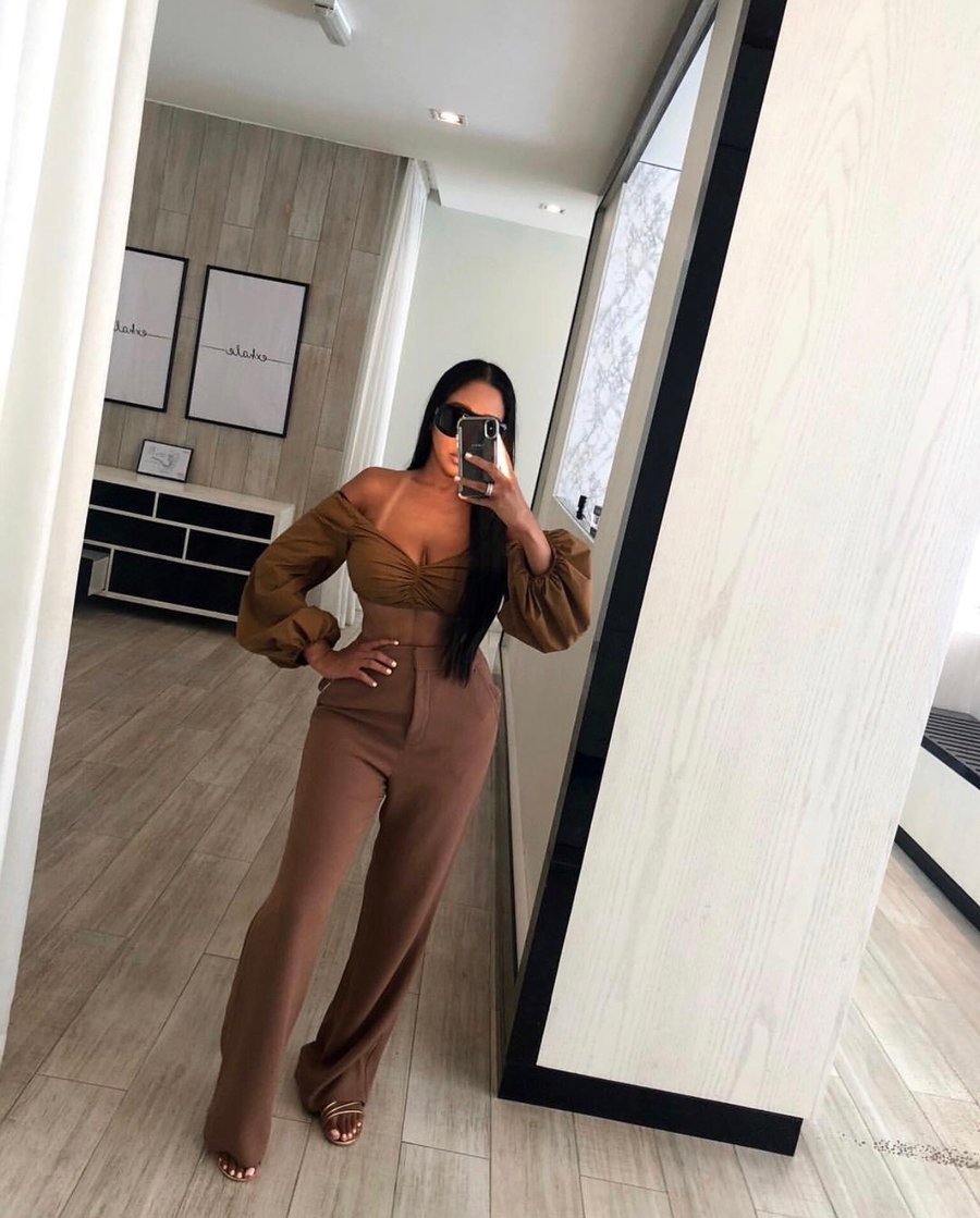 Image of ZARA CAMEL PUFF-SLEEVE RUCHED CROP TOP (SMALL)