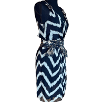 Image 4 of Milly Silk Chevron Print V Neck Sheath Dress with Metallic Accent- Size 2