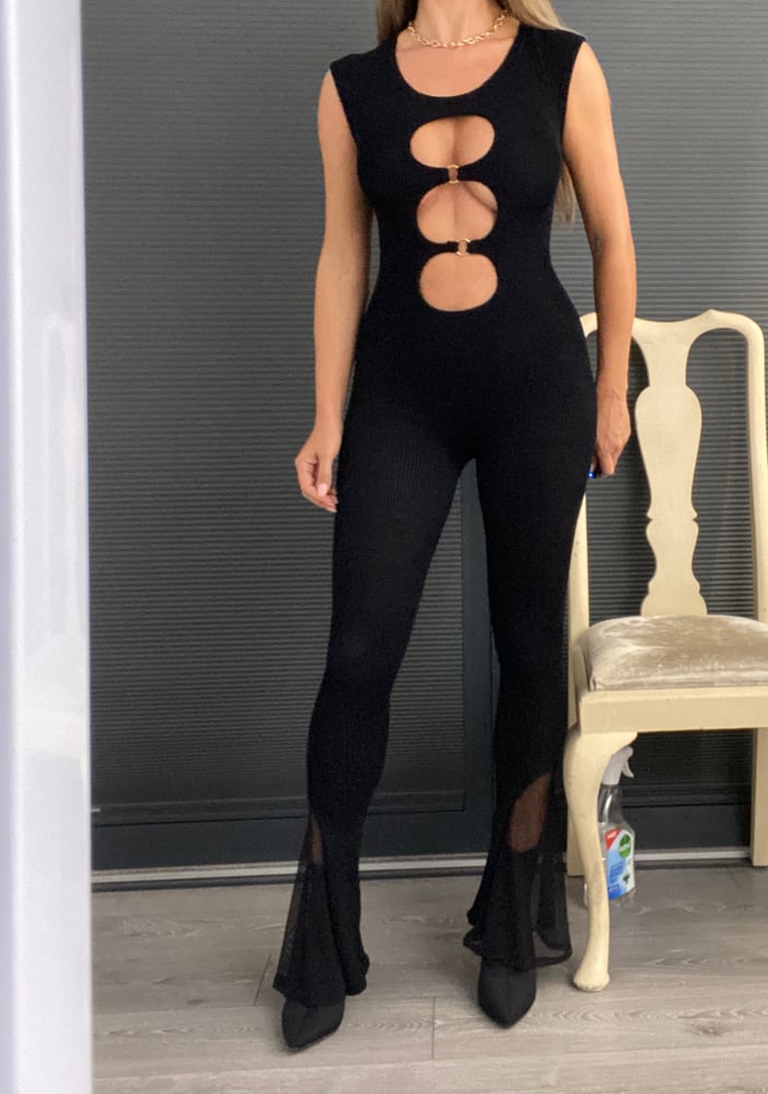 Image of Black Cut Out Rings Kick Flare Jumpsuit