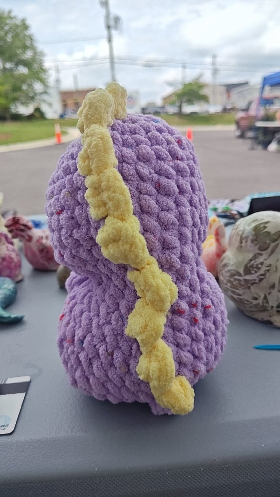 Image of Plush Purple Crochet Dinosaur – Handmade Amigurumi Dino Toy with Yellow Spikes