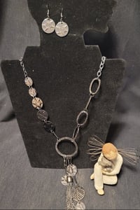 Image 2 of Necklace/Earring Set - black metal, hammered pieces, tassels
